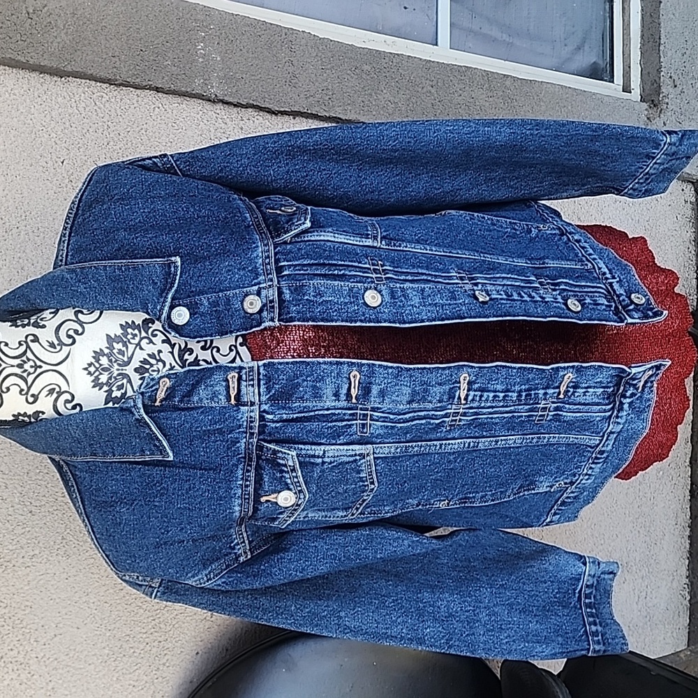 Old Navy Blue Jean Jacket with Classic Design and Unique Patchwork